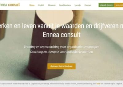 Screenshot van de homepage van Ennea Consult Leiden. Achtergrond foto met pionnen met daarop de tekst 'Werken en leven vanuit je waarden en drijfveren met Ennea consult. Training en teamcoaching